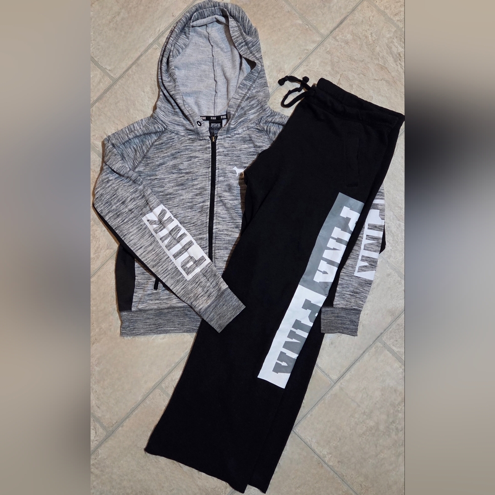 Victoria's Secret PINK Black Gray Two Piece Full Zip Hoodie Sweatpants Set Large